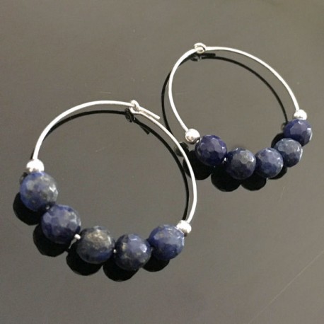 Boucles d'oreilles créoles argent 925 boules facettées pierre lapis lazuli