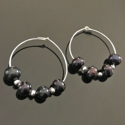 Boucles d'oreilles créoles argent 925/000 perles de culture noir irisé