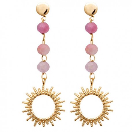 Boucles d'oreilles soleils Plaqué Or 18 carats pierre tourmaline rose