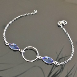 Bracelet anneau argent massif 925/000 cristal Swarovski bleu saphir