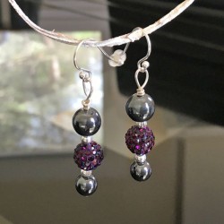 Boucles d'oreilles argent 925/000 hématites et perles strass cristal mauve