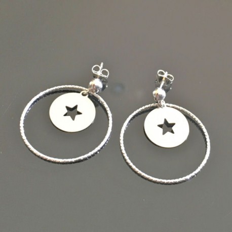 Boucles d'oreilles argent 925/000 pendantes étoiles anneaux