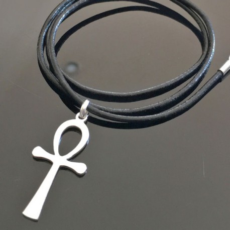 Collier pendentif croix de vie ankh argent 925/000 sur cordon cuir noir