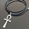 Collier pendentif croix de vie ankh argent 925/000 sur cordon cuir noir
