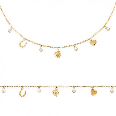 Collier Plaqué Or 18 carats pampilles porte bonheur et zirconium