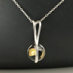 Collier argent 925/000 pendentif verre de murano feuilles d'or et argent 