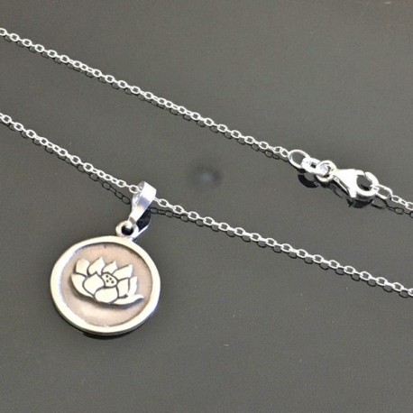 Collier argent 925/000 pendentif médaille fleur de lotus sur chaine 