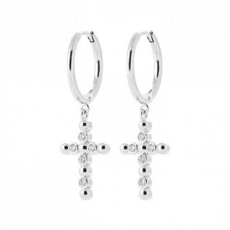 Boucles d'oreilles créoles argent massif 925/000 pendantes croix perlées