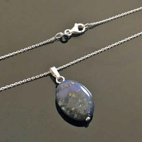 Collier pendentif pierre naturelle jaspe bleu nuit et argent 925 sur chaine 