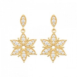 Boucles d'oreilles pendantes fleurs Plaqué Or 18 carats et zirconium