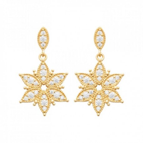 Boucles d'oreilles pendantes fleurs Plaqué Or 18 carats et zirconium