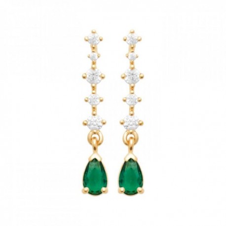 Boucles d'oreilles Plaqué Or 18 carats et zirconium pendantes gouttes vertes