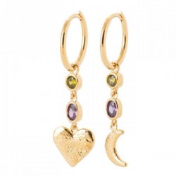 Boucles d'oreilles créoles pendantes coeur lune Plaqué Or 18 carats et pierres