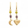 Boucles d'oreilles créoles pendantes coeur lune Plaqué Or 18 carats et pierres