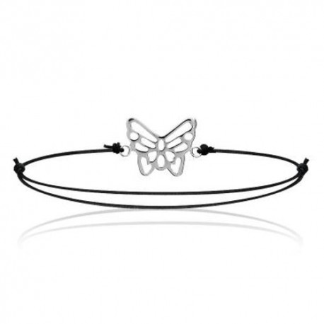 Bracelet argent 925 papillon ajouré sur cordon noir ajustable