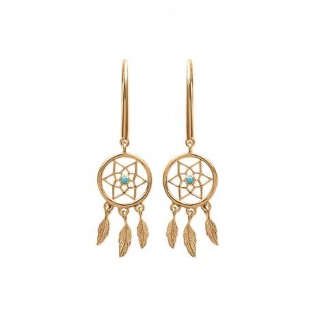 Boucles d'oreilles attrape rêves plaqué or 18 carats pierre bleue turquoise