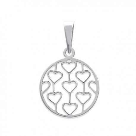 Pendentif rond argent 925 petits coeurs grillagés