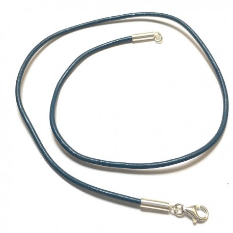 Collier cordon cuir bleu pétrole et argent 925/000 du 38 cm au 55 cm