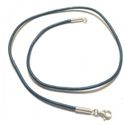 Collier cordon cuir bleu pétrole fermoir argent 925 longueur 42 cm