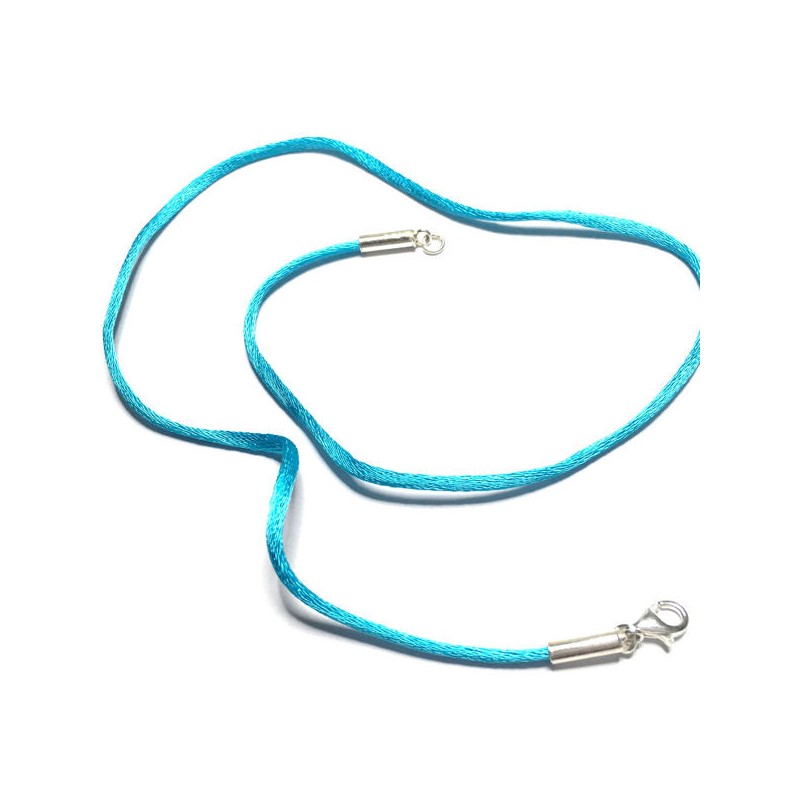 Collier cordon fil de soie turquoise fermoir argent 925 longueur 42 cm