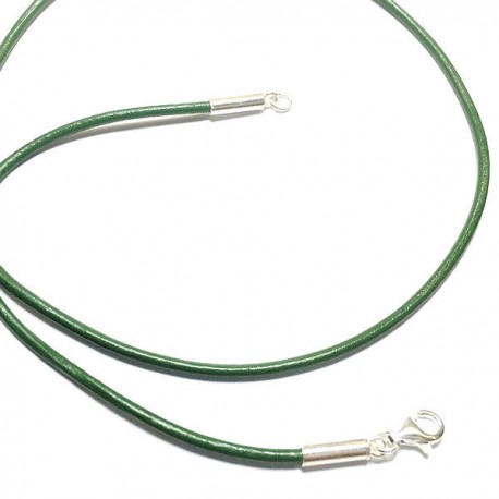 Collier cordon cuir vert foncé fermoir argent 925 longueur 38 cm